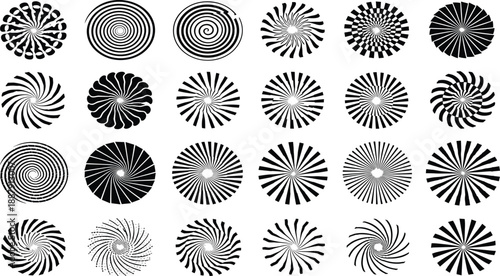 Mega collection of black and white hypnotic spiral vectors featuring radial sunburst designs, optical illusion vortex circles, geometric starburst patterns, and psychedelic swirl silhouettes.