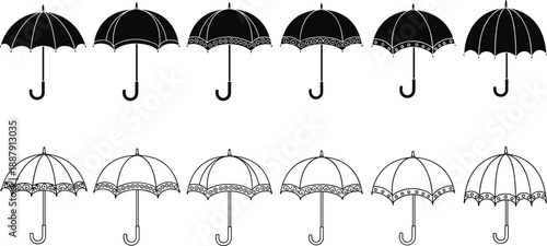 Mega collection of black and white umbrella vector silhouettes featuring vintage lace parasols, decorative rain accessories, classical weather protection icons, and fashion accessory graphic elements.