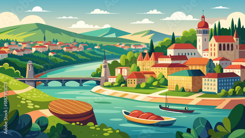 Very beautiful Lyon city view with rivers and green hills blending into urban landscape, calm natural scenery, traditional Lyon sausage isolated on white background.