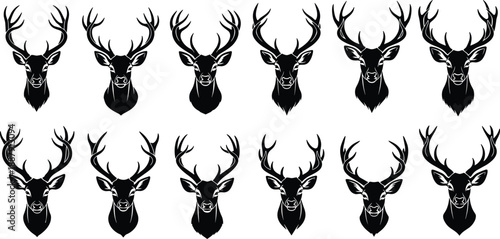 Mega collection of black deer head vector silhouettes featuring majestic stag antlers, reindeer trophy icons, buck wildlife symbols, and forest animal logos for hunting lodge branding.