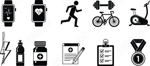 Set of black fitness and health vector icons featuring smartwatch heart rate monitors, gym equipment, running silhouettes, medical supplements, and sports achievement symbols for wellness branding.