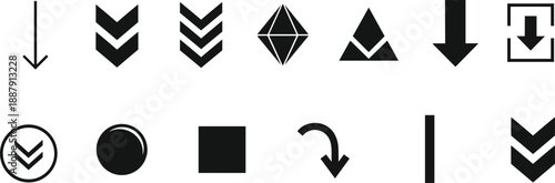 Set of black vector arrow icons and navigation symbols featuring downward pointers chevron shapes download buttons and geometric web design elements on white background