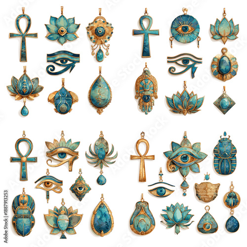 Mystical symbol illustration with turquoise talismans eyes ankhs and protective charms. Spiritual decorative collection inspired by ancient amulet designs.