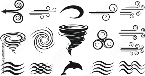 Set of black wind and weather vector icons featuring tornado swirls, hurricane spirals, blowing air breeze lines, ocean waves, and dolphin silhouettes for nature atmospheric design.