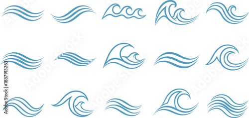 Set of blue ocean wave vector icons featuring sea surf silhouettes, water splash ripples, marine nature symbols, and aquatic curved lines for nautical graphic design branding.