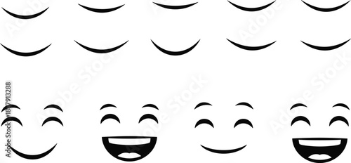 Set of minimalist black smile vector icons featuring happy facial expressions, laughing mouths, joyful curved lines, and cheerful emoji silhouettes for character emotion graphic design.