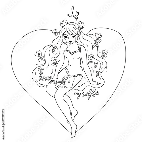 A young woman in a swimsuit with long hair sits on a heart and holds a flower. Vector illustration in outline style on a white background. Self-love, positive body image, self-care, peace of mind.