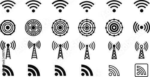  Vector collection of wireless signal icons featuring Wi-Fi symbols, radio tower transmitters, internet connectivity logos, and network data transmission signs for telecommunication and technology int