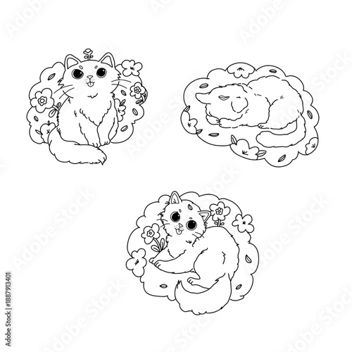 A collection of cute vector stickers featuring cats on grass with flowers in kawaii style on a white background. The cats are lying on the grass, sleeping with their eyes closed and paws folded, smili
