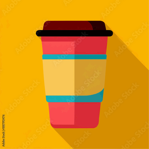 Modern flat design to-go coffee cup icon with long shadow on a bold yellow background.