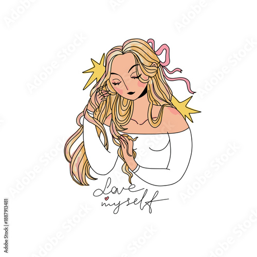 A young blonde girl gently strokes her hair with her eyes closed. Vector illustration for Valentine's Day on a white background. Self-love, positive body image, self-care, peace of mind.