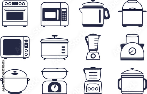 Food and Kitchen Tools Outline Icons. Kitchen Utensil Outline Icon Set. Food Cooking Tools Outline Icons. Kitchen Equipment Outline Icon Collection. Culinary Tools Outline Icons. Kitchenware Outline