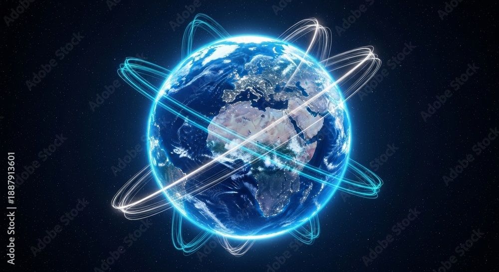 Fototapeta premium Global network connection visualization with neon blue glow surrounding the Earth from a futuristic viewpoint