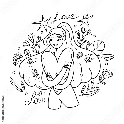 A young woman embraces a heart against a backdrop of plants and flowers. Vector illustration for Valentine's Day on a white background in sketch style. Self-love, positive body image, self-care, peace