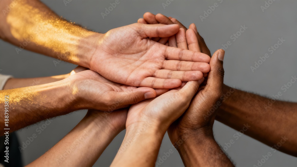 Fototapeta premium Diverse People Stacking Hands for Teamwork Unity Support and Successful Business Collaboration