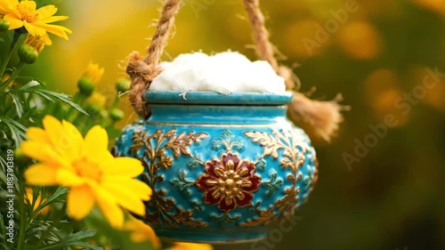 Wallpaper Mural Decorative blue and gold pottery hanging with white substance and yellow flowers Torontodigital.ca