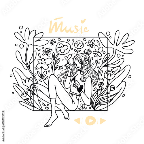 A modern, flat vector portrait of a relaxed woman listening to music, drawn in sketch style on a white background. Surrounded by flowers and nature, the image conveys calm and tranquility.