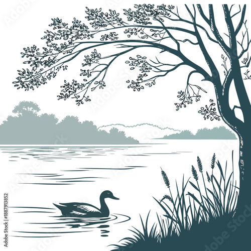 Duck swimming under tree