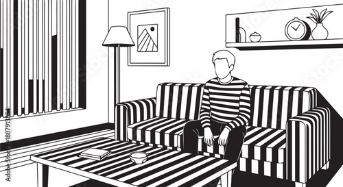 Minimalist Line Art Vector of a Man Sitting on a Striped Sofa in a Modern Living Room Interior