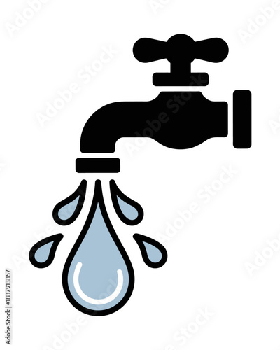 A simple graphic of a black water faucet with blue droplets