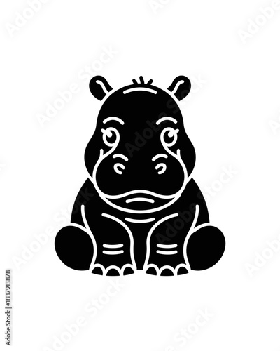 A black cartoon hippo sits facing forward.