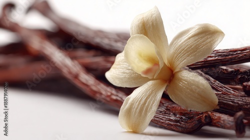 Fragrant Vanilla Flower and Dried Pods on White Background                              