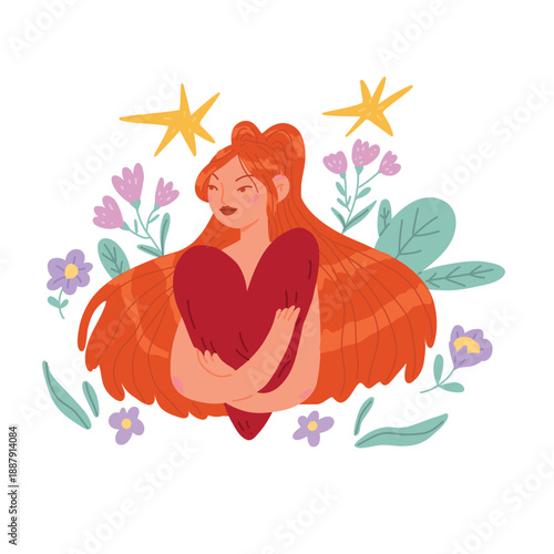 A girl with red hair hugs a heart against a backdrop of plants and flowers. Vector illustration for Valentine's Day on a white background. Self-love, positive body image, self-care, peace of mind.