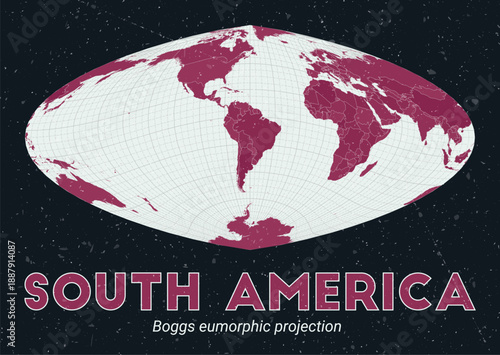 South America. World map. Boggs eumorphic projection centered to South America. Pale Mint Dark Pink palette. Vintage texture. Authentic vector illustration.