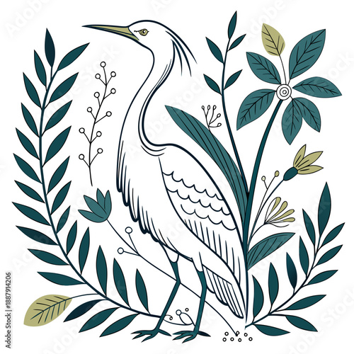 Graceful heron amongst lush greenery