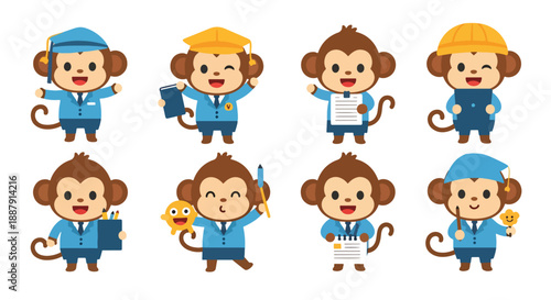 Cute Cartoon Monkeys in Different Professions
