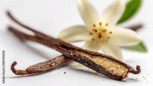Fragrant Vanilla Flower and Dried Pods on White Background                              