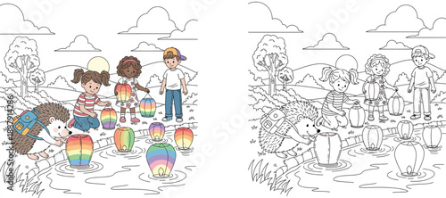 Happy diverse children and cute hedgehog with backpack releasing rainbow floating lanterns on river vector illustration. Festival scene for kids coloring book.