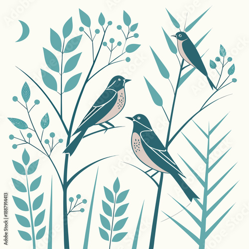 Birds perched on branches