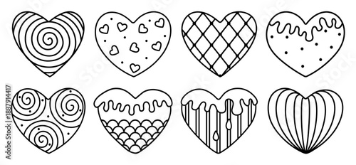 Cute black line heart set. Psychedelic outline hearts filled with various abstract geometric shapes, decorative vector doodle cliparts, monochrome icon collection