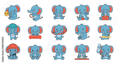 Cute Cartoon Elephant Character Set in Various Poses