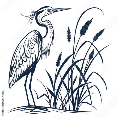 Heron standing among reeds