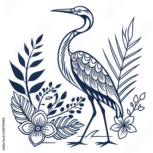 Graceful heron amidst floral surroundings