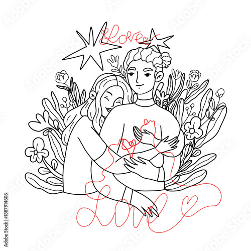 Vector illustration of a young couple. A girl embraces her boyfriend lovingly against a backdrop of plants, stars, and flowers. A beautiful Valentine's Day card in sketch style on a white background.