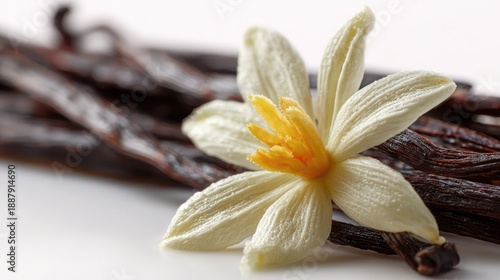 Fragrant Vanilla Flower and Dried Pods on White Background                              