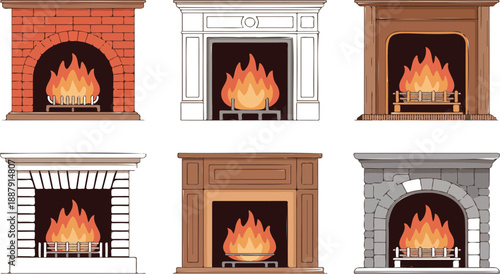 Various Fireplace with Fire in the Hearth  Cozy Home Vector Set