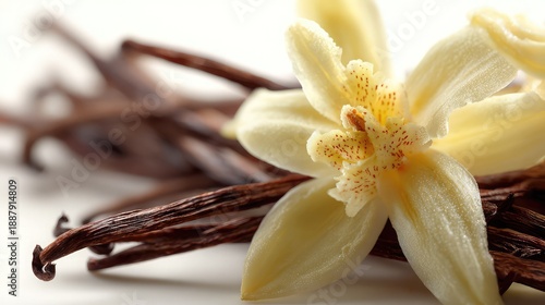 Fragrant Vanilla Flower and Dried Pods on White Background                              