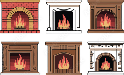 Various Fireplace with Fire in the Hearth  Cozy Home Vector Set
