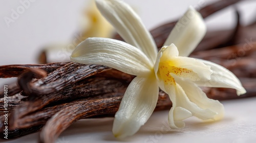Fragrant Vanilla Flower and Dried Pods on White Background                              
