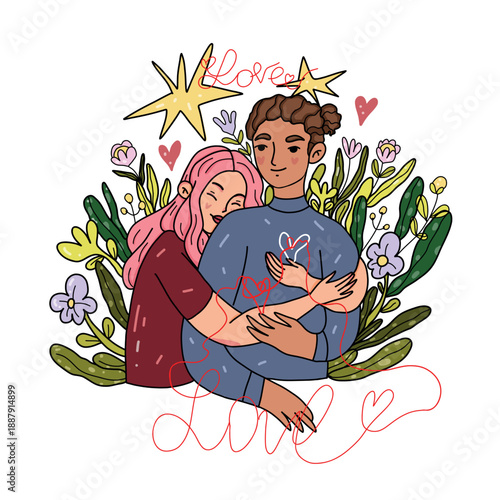 Vector illustration of a young couple. A girl lovingly embraces a boy against a backdrop of plants, stars, and flowers. A tender Valentine's Day card in a cute style on a white background.