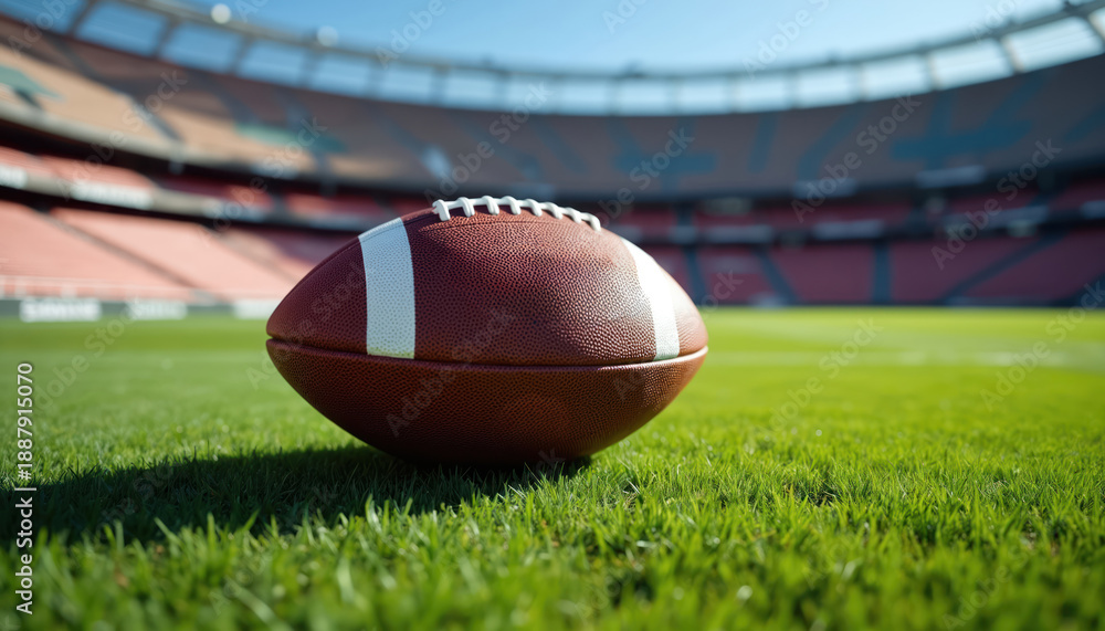Obraz premium American football rests on vibrant green grass field with stadium seats blurred in background. Sunlight illuminates the sports ball and turf, ready for intense competition.