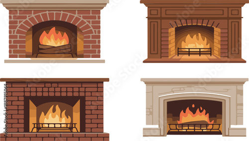 Various Fireplace with Fire in the Hearth  Cozy Home Vector Set