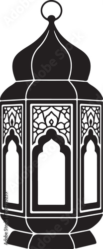 Intricate black lantern with ornate details shining brightly on white background
