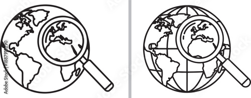 Two minimalist line-art icons featuring magnifying glasses positioned over globes, symbolizing global search, international research, and worldwide discovery or investigation.
