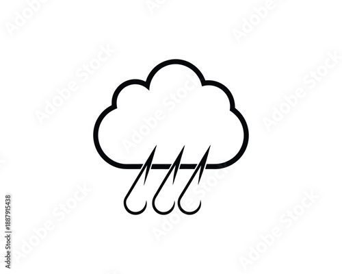Black outline cloud with falling hooks on white background rain fishing