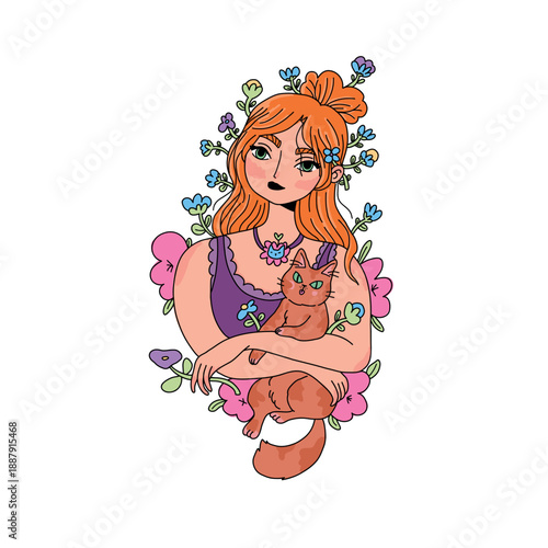 A sweet vector illustration depicting a red-haired girl tenderly hugging her cat surrounded by flowers. Adorable illustration on a white background